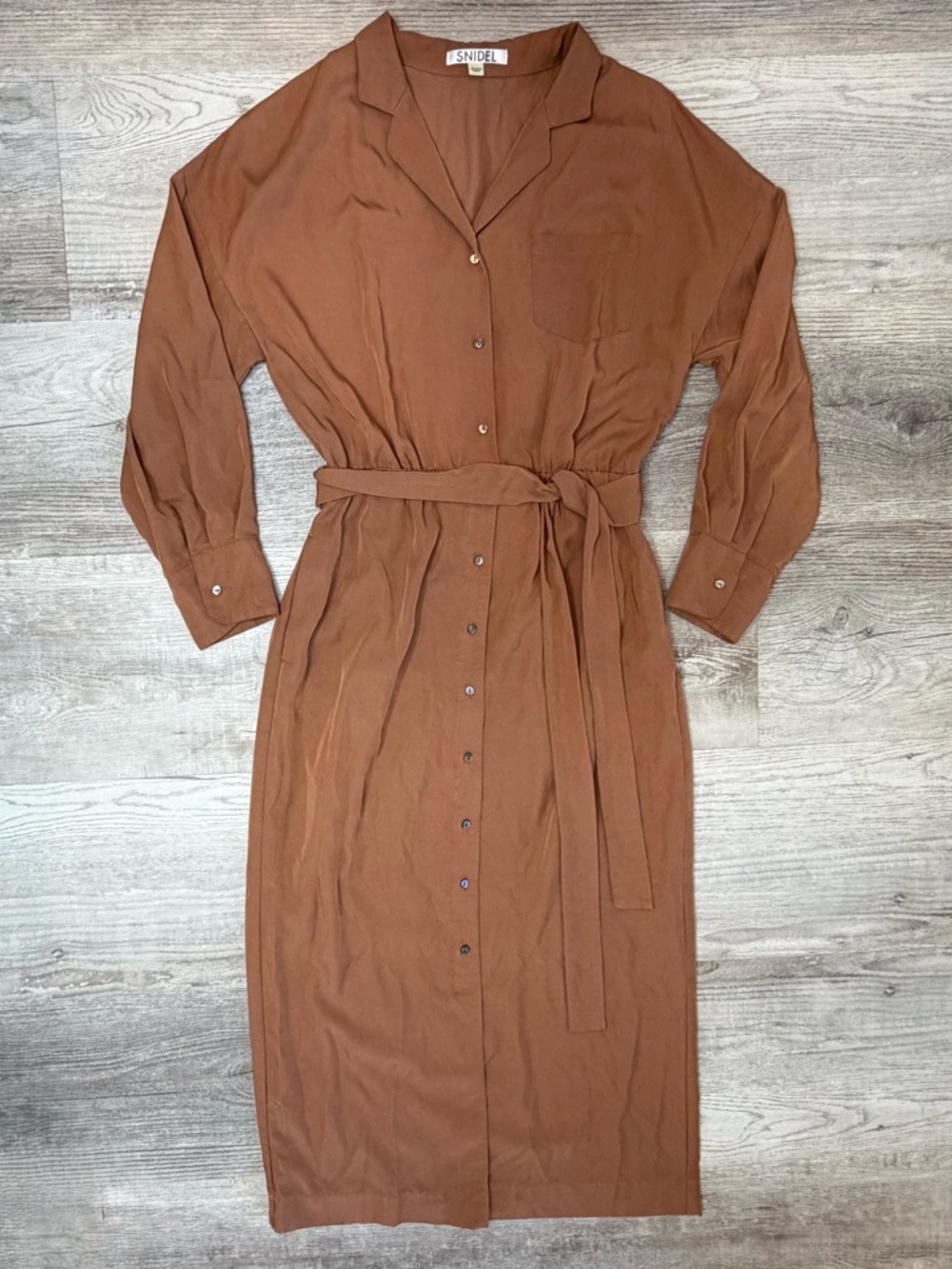 Snidel Brown Button-Front Midi Shirt Dress with Self-Tie Waist Women’s size M